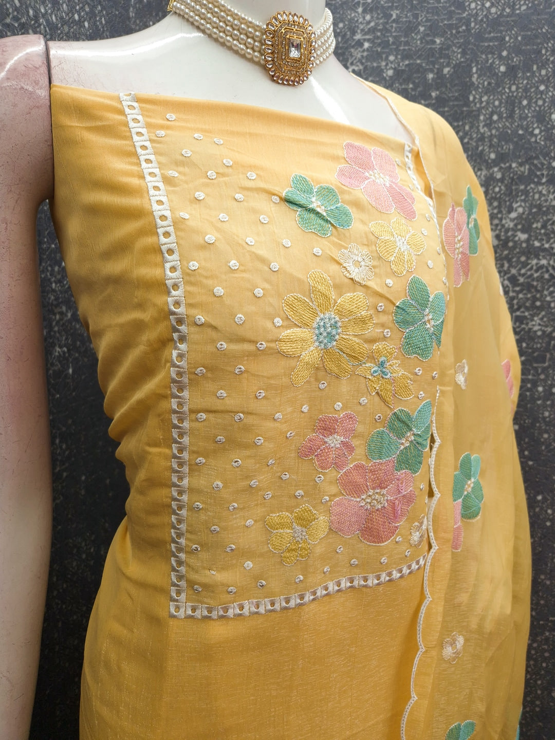 Peachmode Yellow Crunchy Dress Material with Floral Embroidery - Image 4