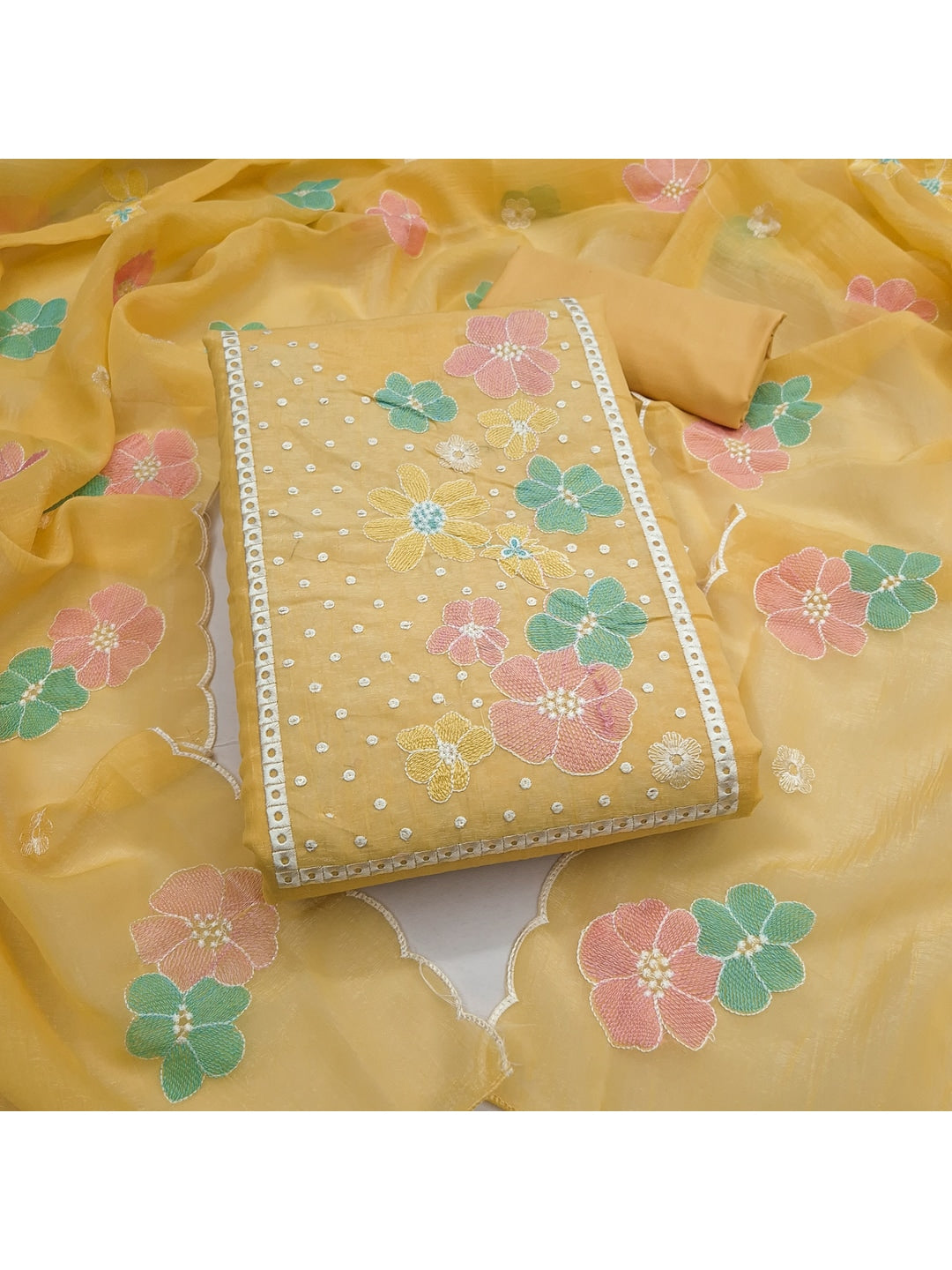 Peachmode Yellow Crunchy Dress Material with Floral Embroidery - Image 1