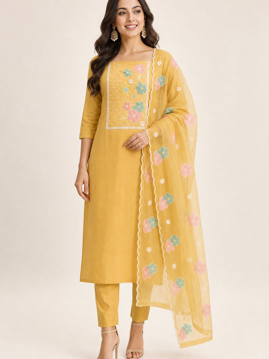 Peachmode Yellow Crunchy Dress Material with Floral Embroidery - Image 2