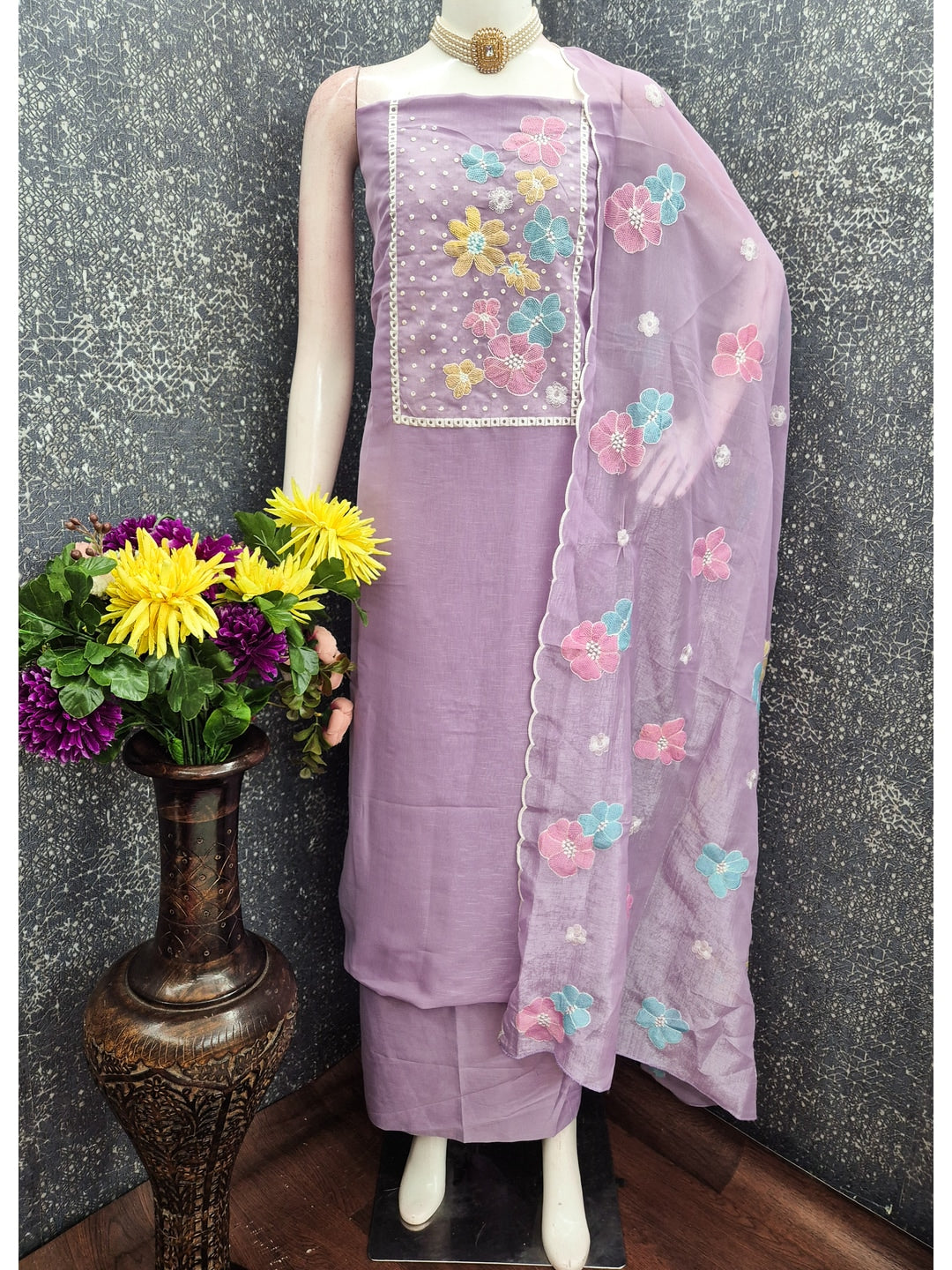 Peachmode Lavender Crunchy Dress Material with Floral - Image 3