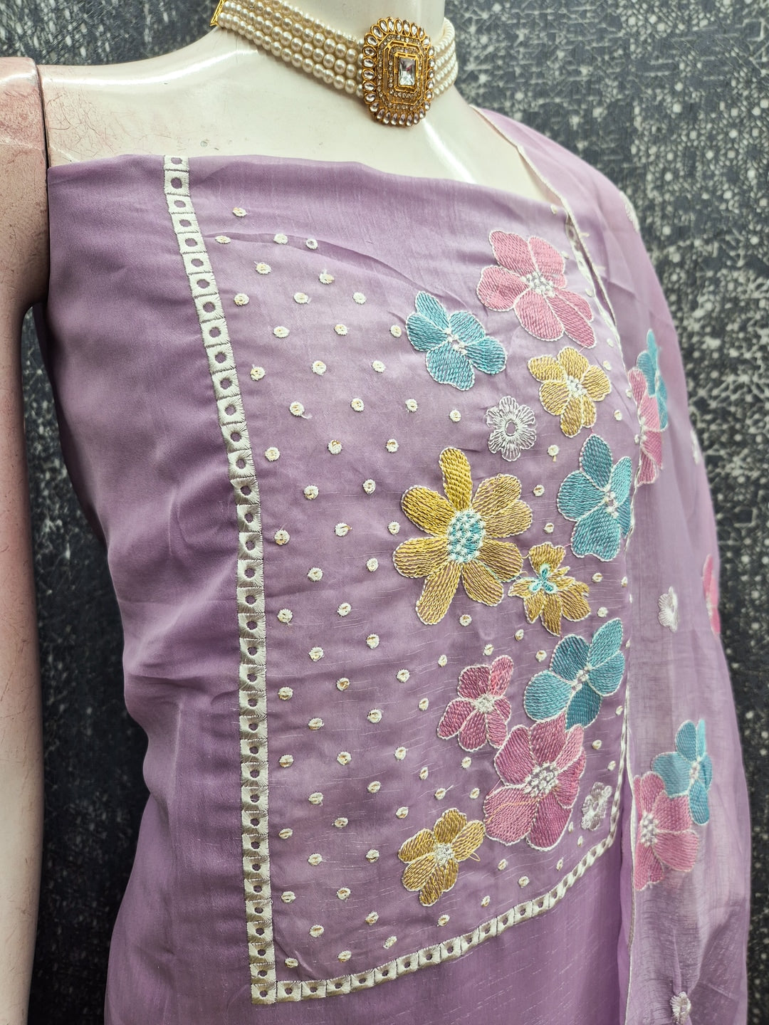 Peachmode Lavender Crunchy Dress Material with Floral - Image 4