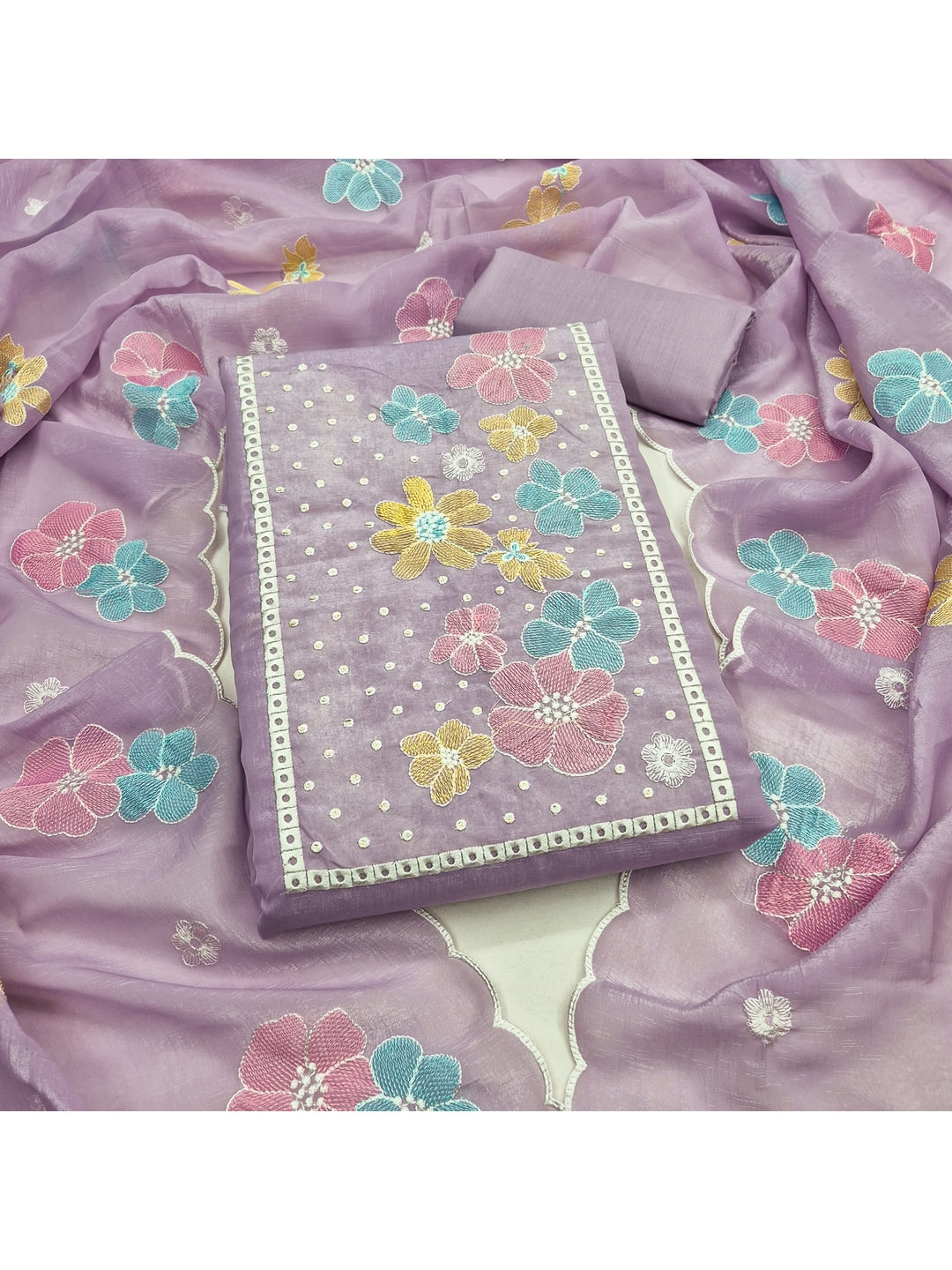Peachmode Lavender Crunchy Dress Material with Floral - Image 1