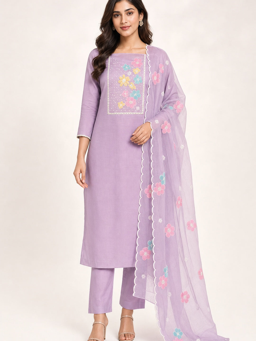 Peachmode Lavender Crunchy Dress Material with Floral - Image 2