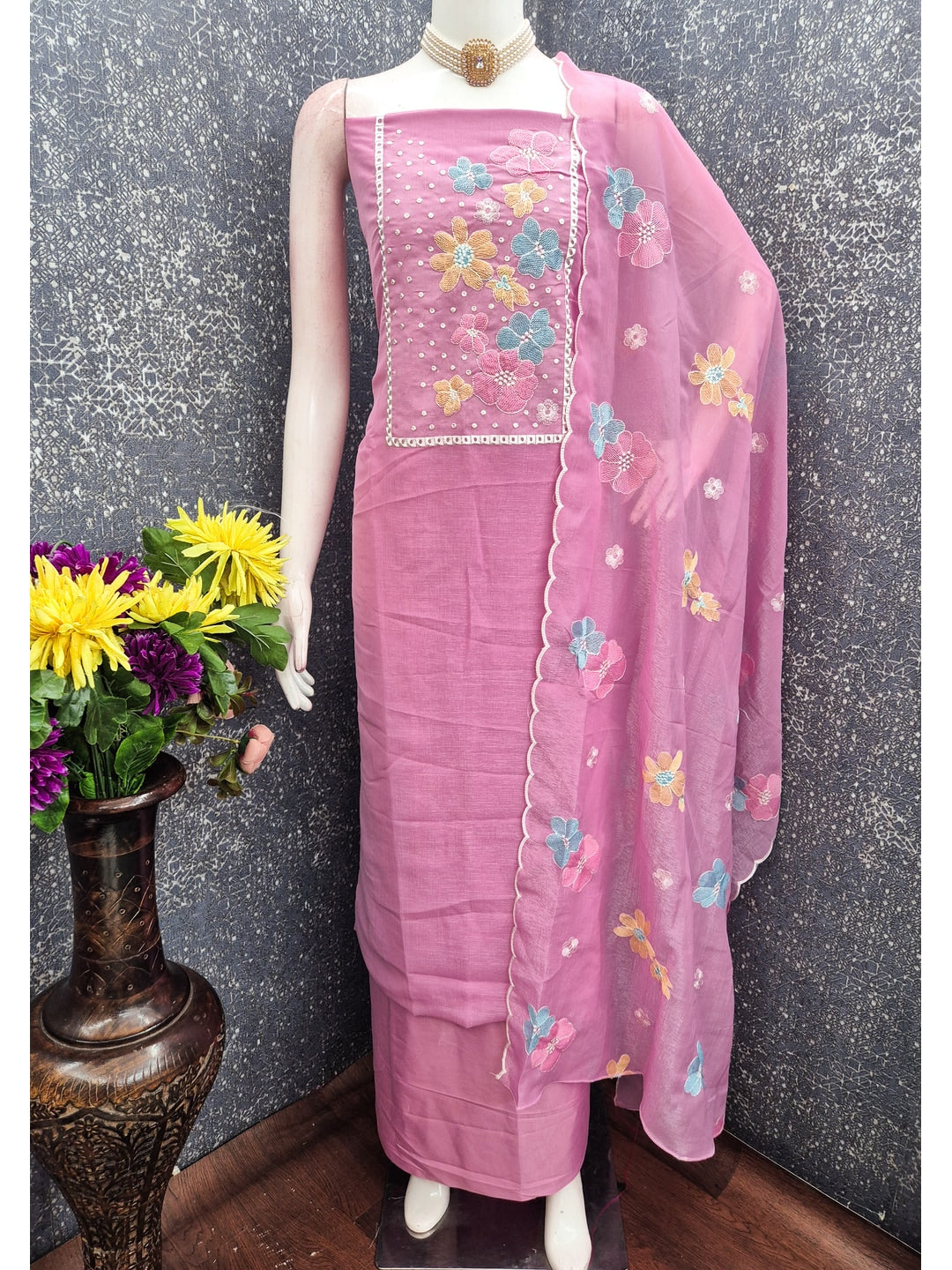 Peachmode Pink Crunchy Dress Material with Floral Embroidery - Image 3