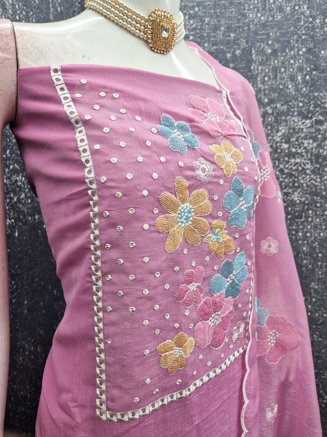 Peachmode Pink Crunchy Dress Material with Floral Embroidery - Image 4