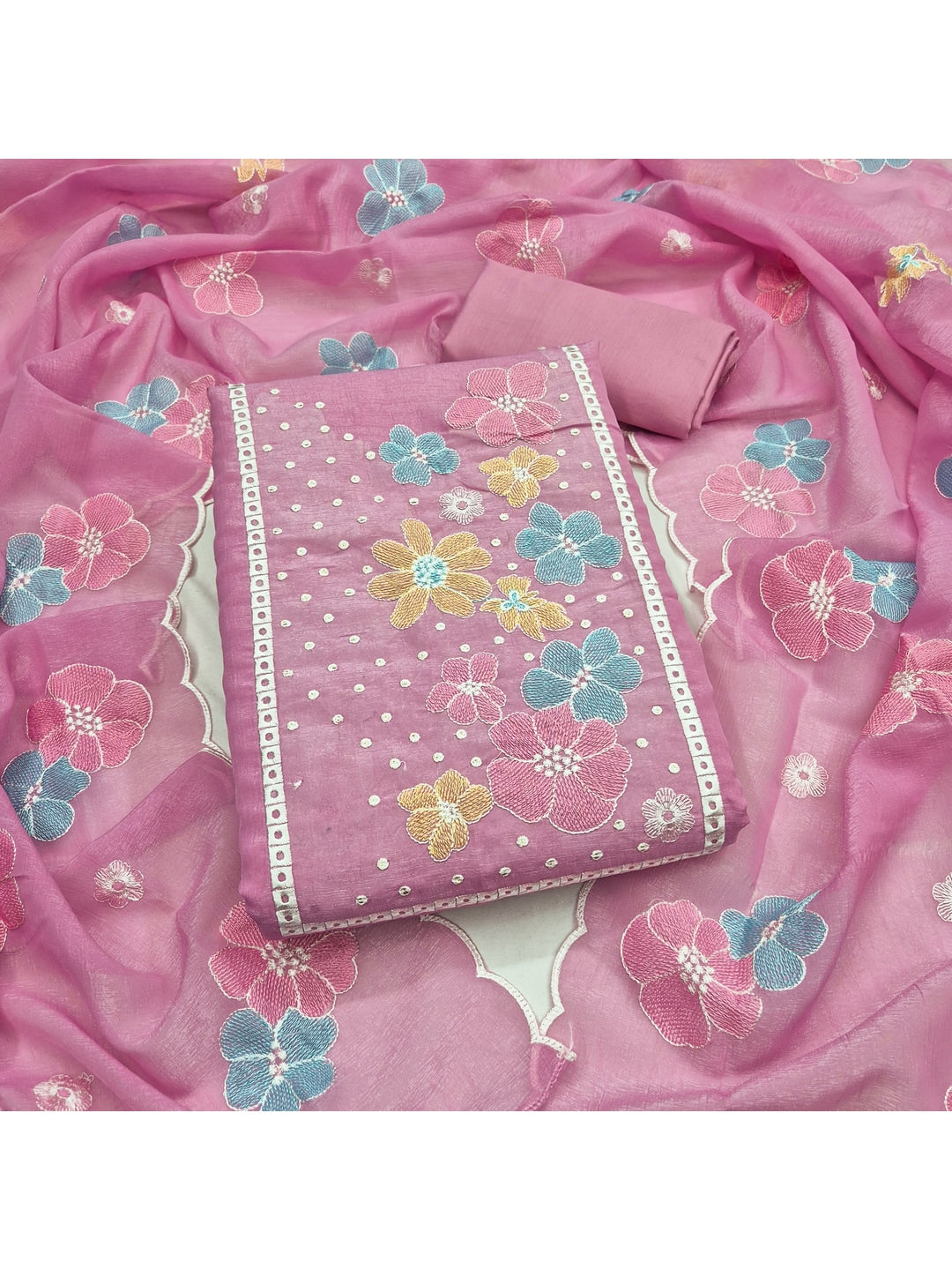 Peachmode Pink Crunchy Dress Material with Floral Embroidery - Image 1