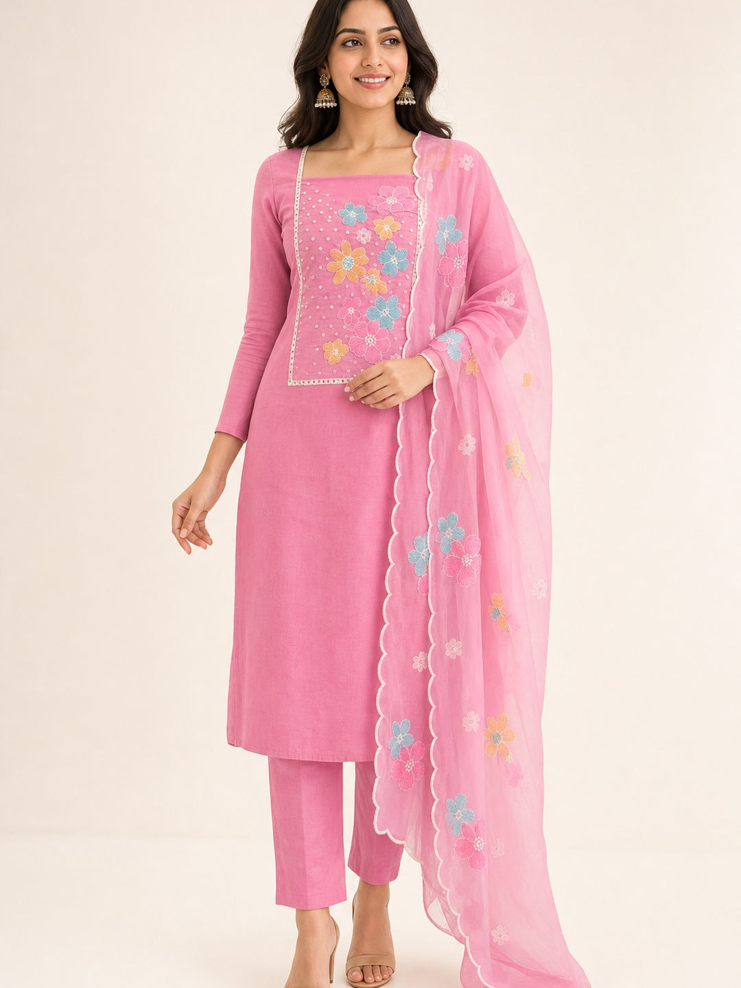 Peachmode Pink Crunchy Dress Material with Floral Embroidery - Image 2