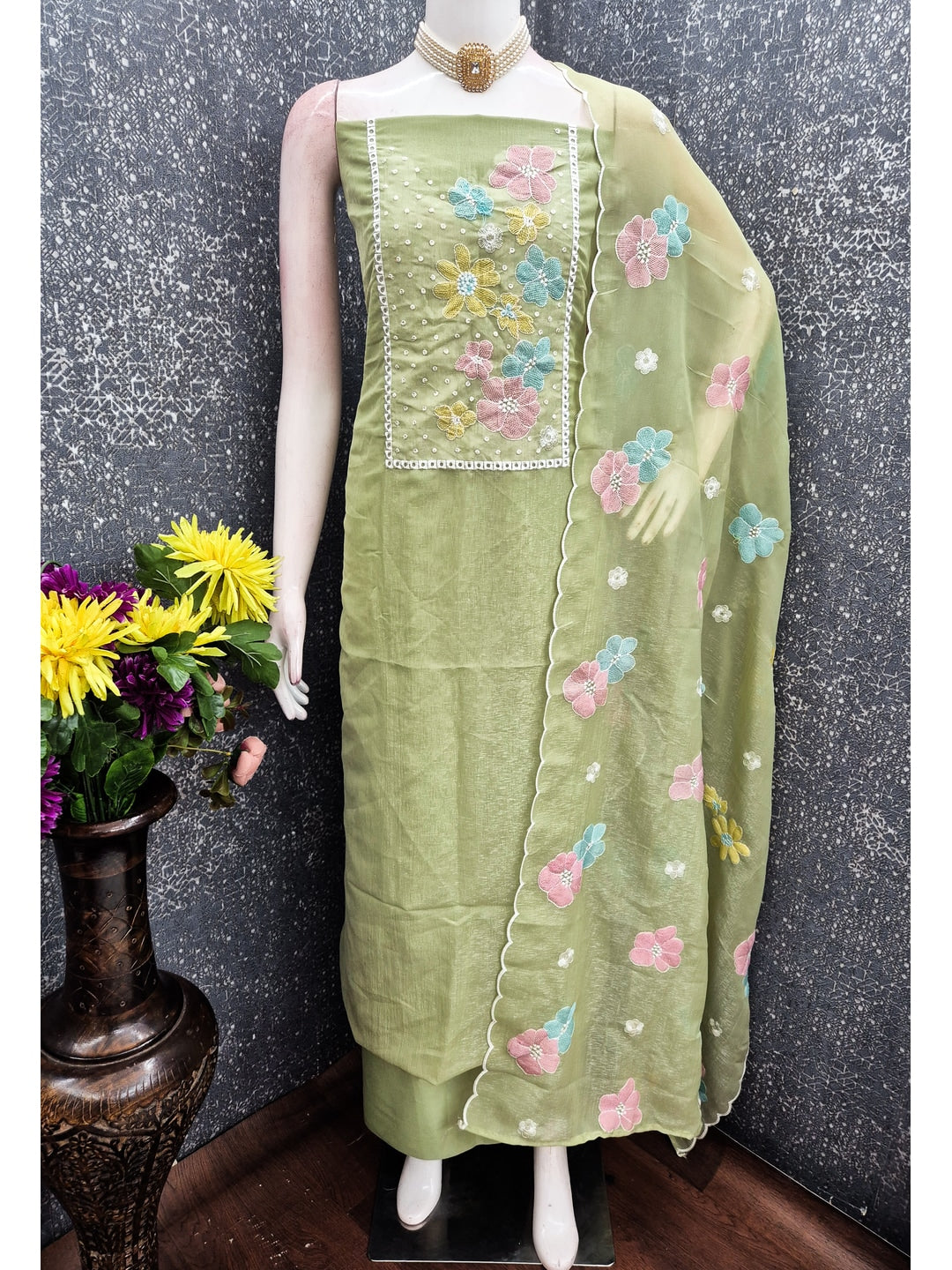 Peachmode Olive Crunchy Dress Material with Floral Embroidery - Image 3