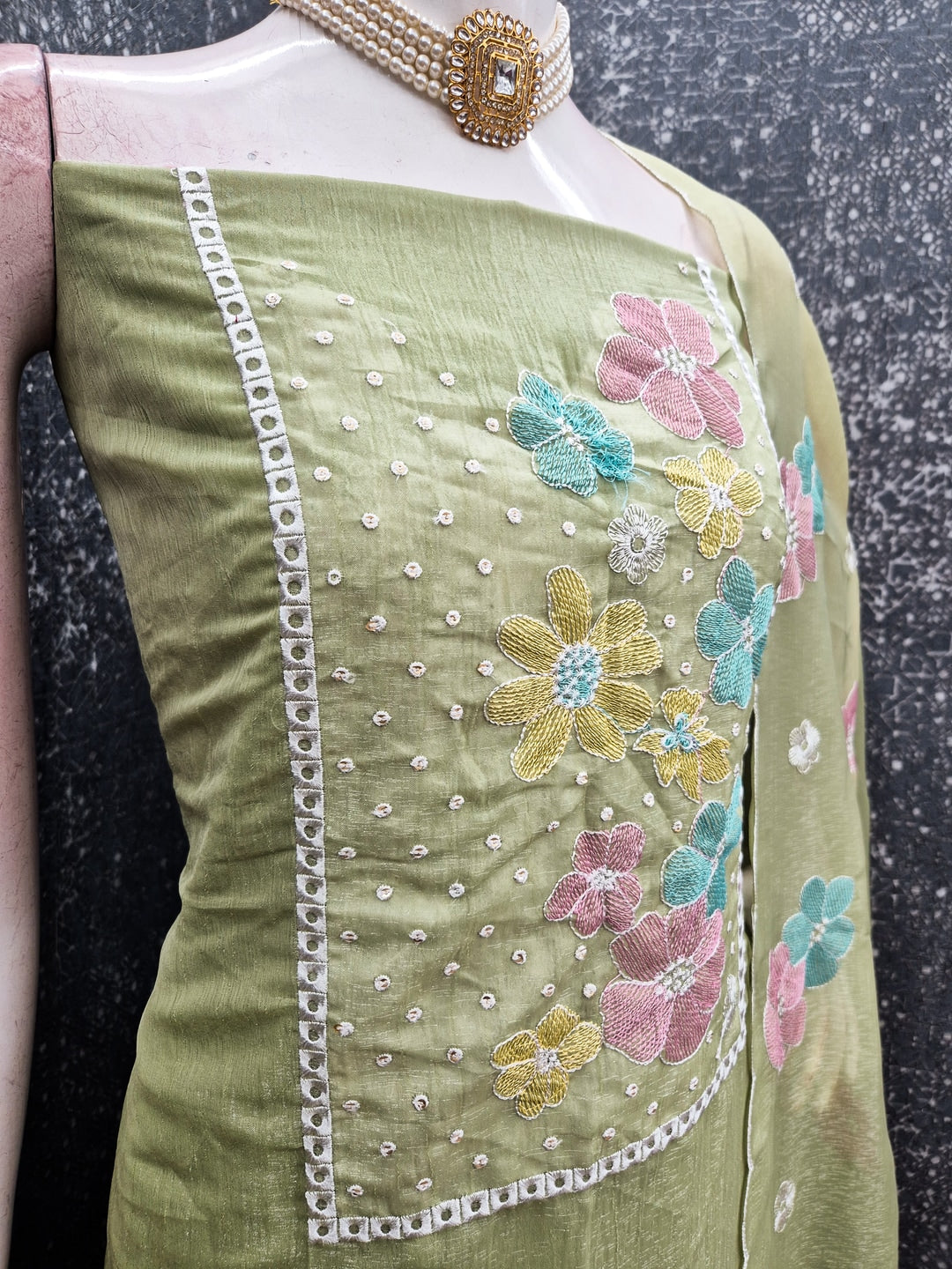 Peachmode Olive Crunchy Dress Material with Floral Embroidery - Image 4