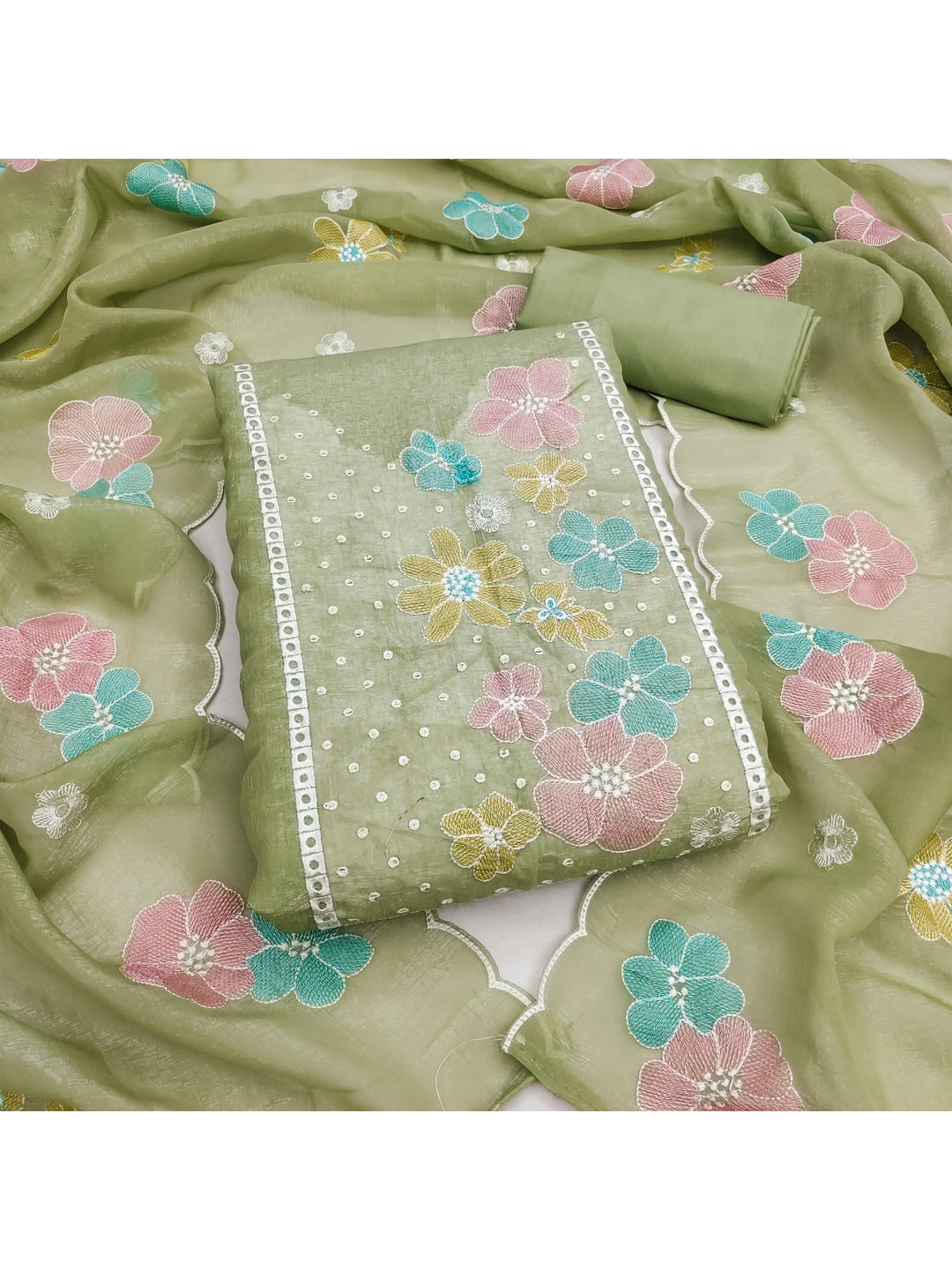Peachmode Olive Crunchy Dress Material with Floral Embroidery - Image 1