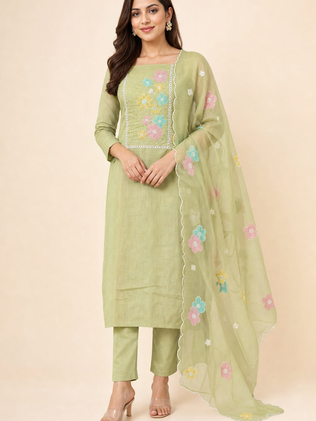 Peachmode Olive Crunchy Dress Material with Floral Embroidery - Image 2