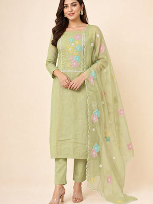 Peachmode Olive Crunchy Dress Material with Floral Embroidery - Image 1