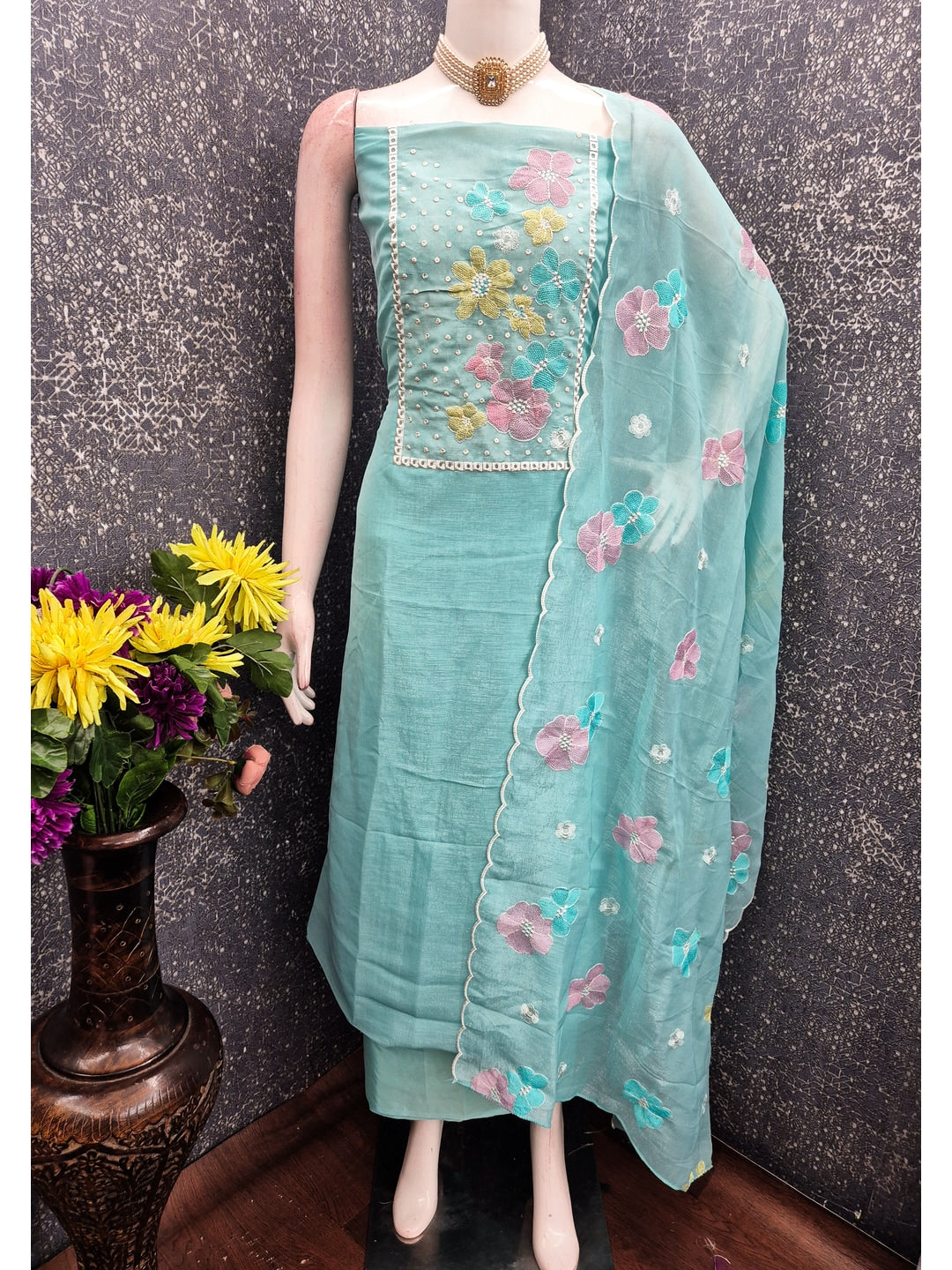 Peachmode Turquoise Crunchy Dress Material with Floral Embroidery - Image 3