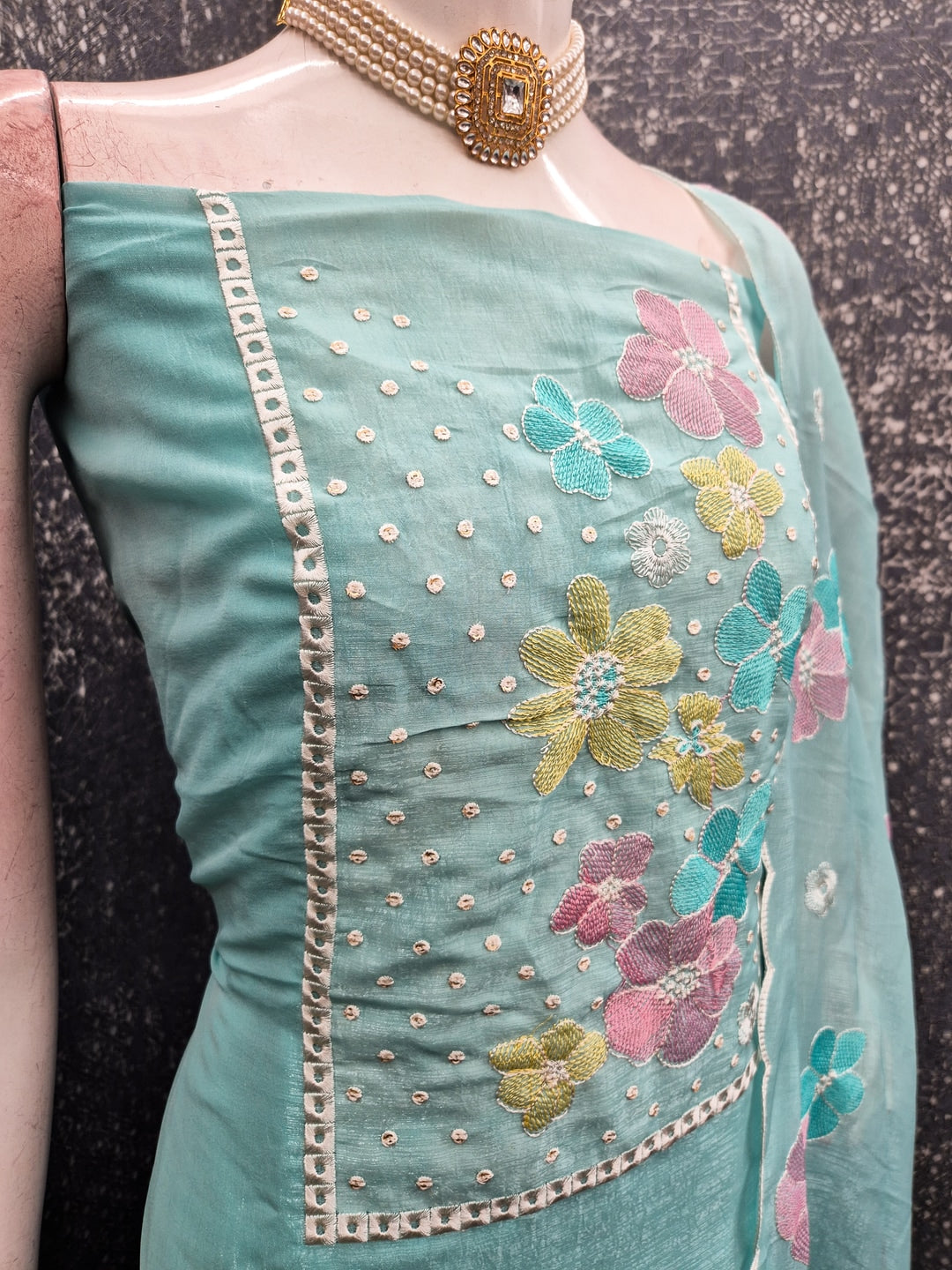 Peachmode Turquoise Crunchy Dress Material with Floral Embroidery - Image 4