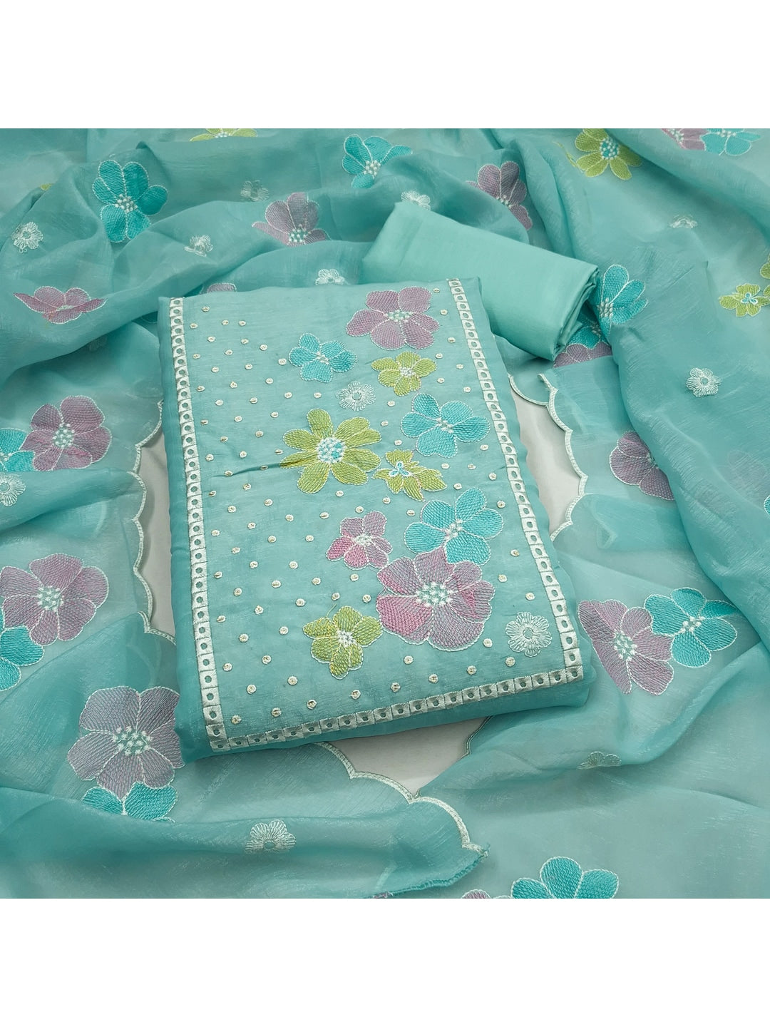 Peachmode Turquoise Crunchy Dress Material with Floral Embroidery - Image 4