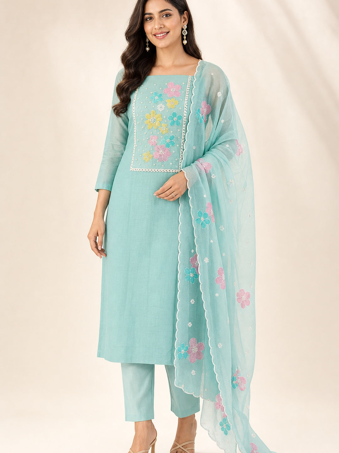 Peachmode Turquoise Crunchy Dress Material with Floral Embroidery - Image 2