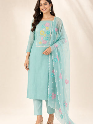 Peachmode Turquoise Crunchy Dress Material with Floral Embroidery - Image 1