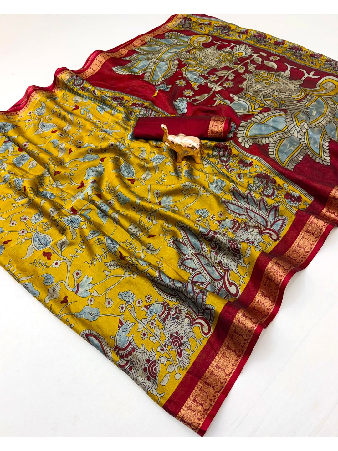 Peachmode Yellow Dola Silk Kalamkari Printed Saree - Image 2