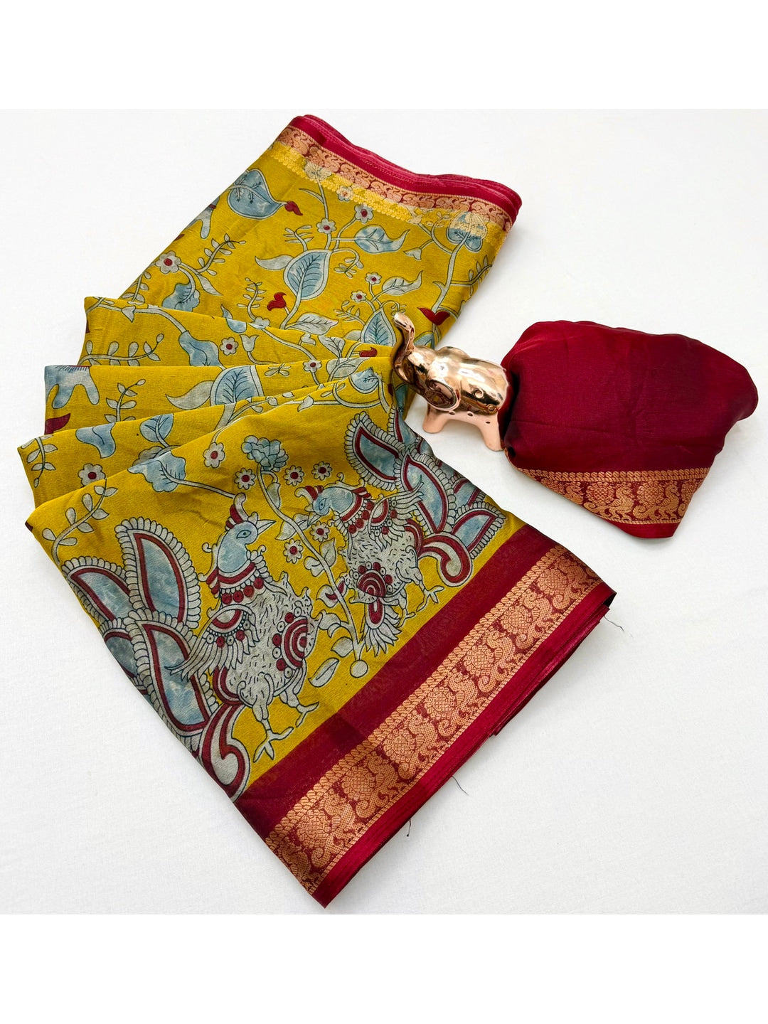 Peachmode Yellow Dola Silk Kalamkari Printed Saree - Image 3