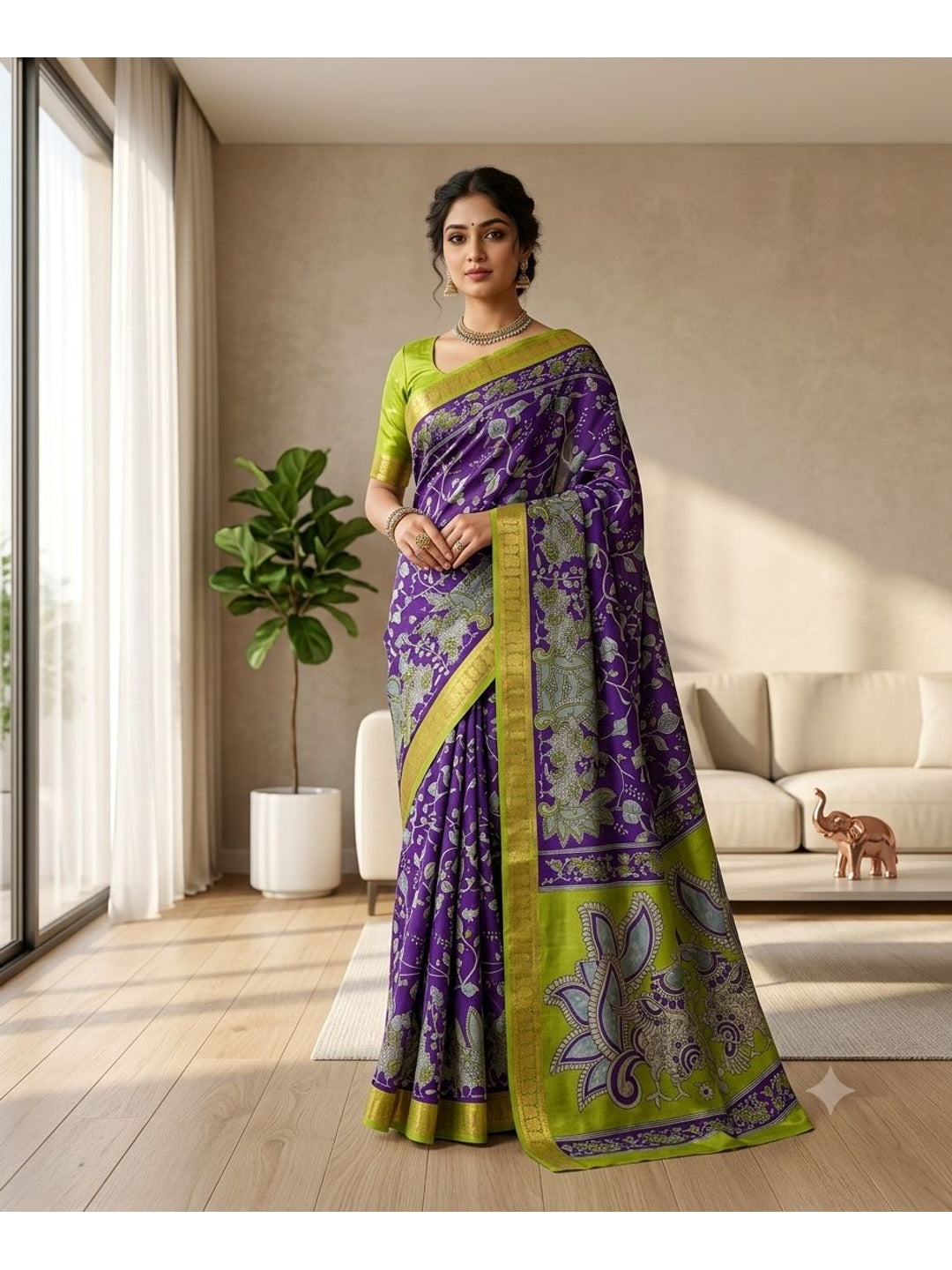 Peachmode Purple Dola Silk Kalamkari Printed Saree - Image 1