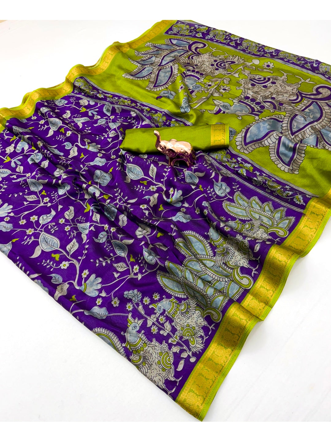 Peachmode Purple Dola Silk Kalamkari Printed Saree - Image 3