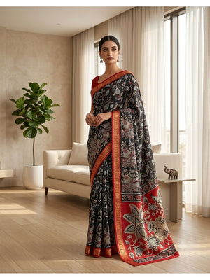 Peachmode Black Dola Silk Kalamkari Printed Saree - Image 1