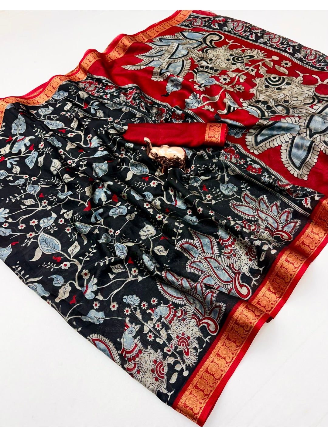 Peachmode Black Dola Silk Kalamkari Printed Saree - Image 2