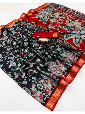 Peachmode Black Dola Silk Kalamkari Printed Saree - Image 2