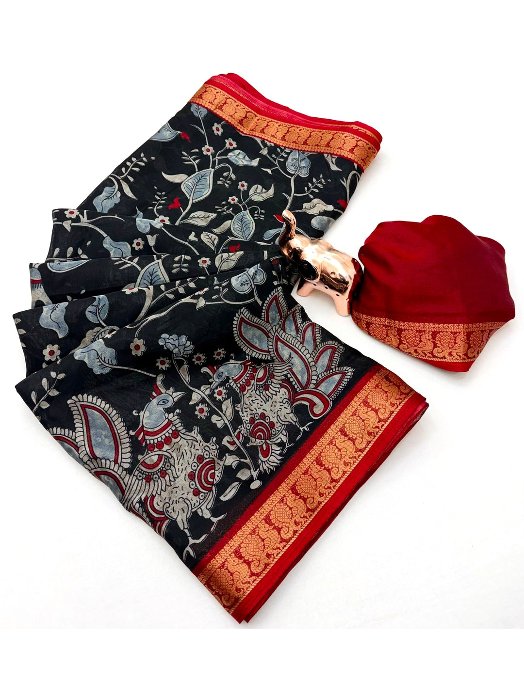 Peachmode Black Dola Silk Kalamkari Printed Saree - Image 3