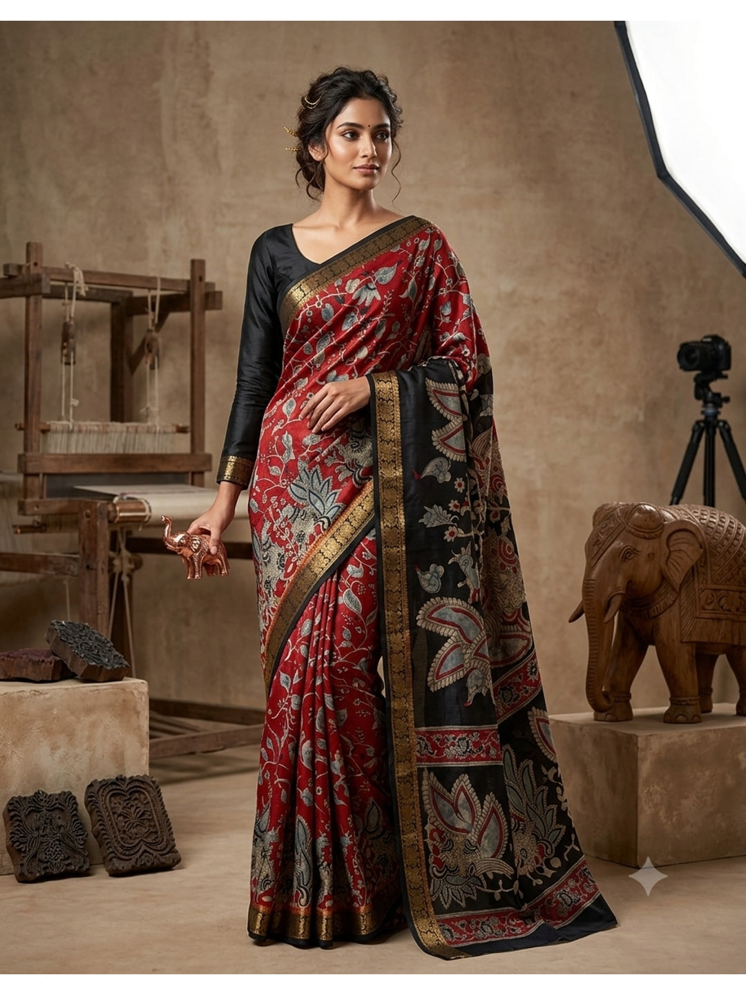 Peachmode Red Dola Silk Kalamkari Printed Saree - Image 1