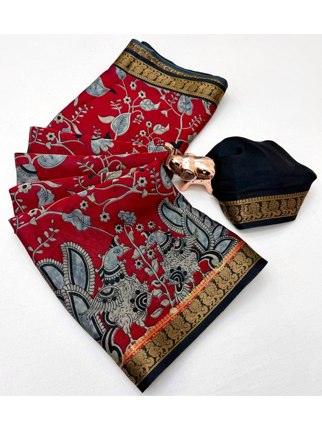 Peachmode Red Dola Silk Kalamkari Printed Saree - Image 3