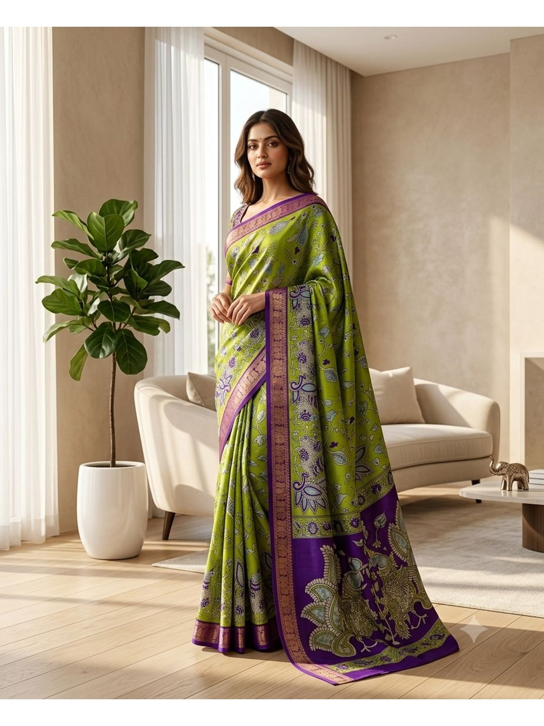 Peachmode Green Dola Silk Kalamkari Printed Saree - Image 1