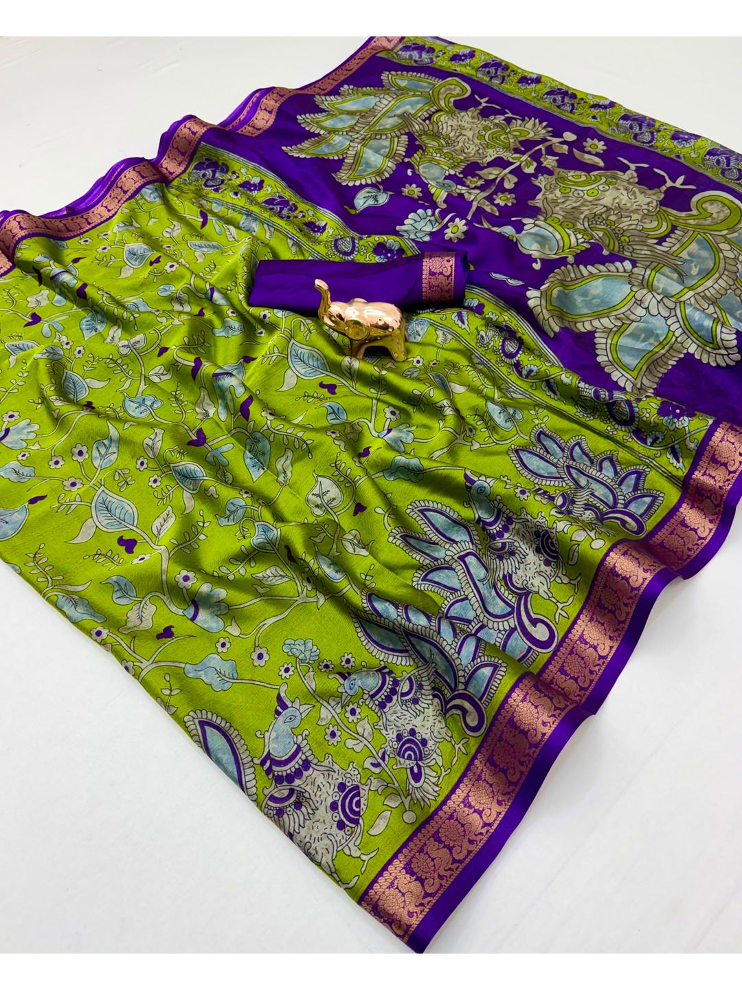 Peachmode Green Dola Silk Kalamkari Printed Saree - Image 3