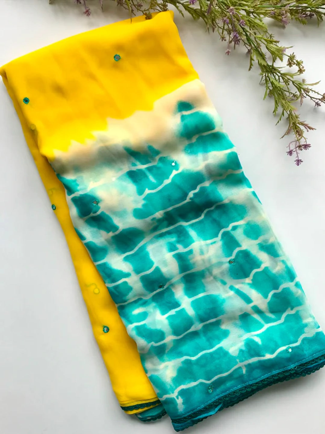 Peachmode Yellow Georgette Printed Saree with Mirror Work - Image 3