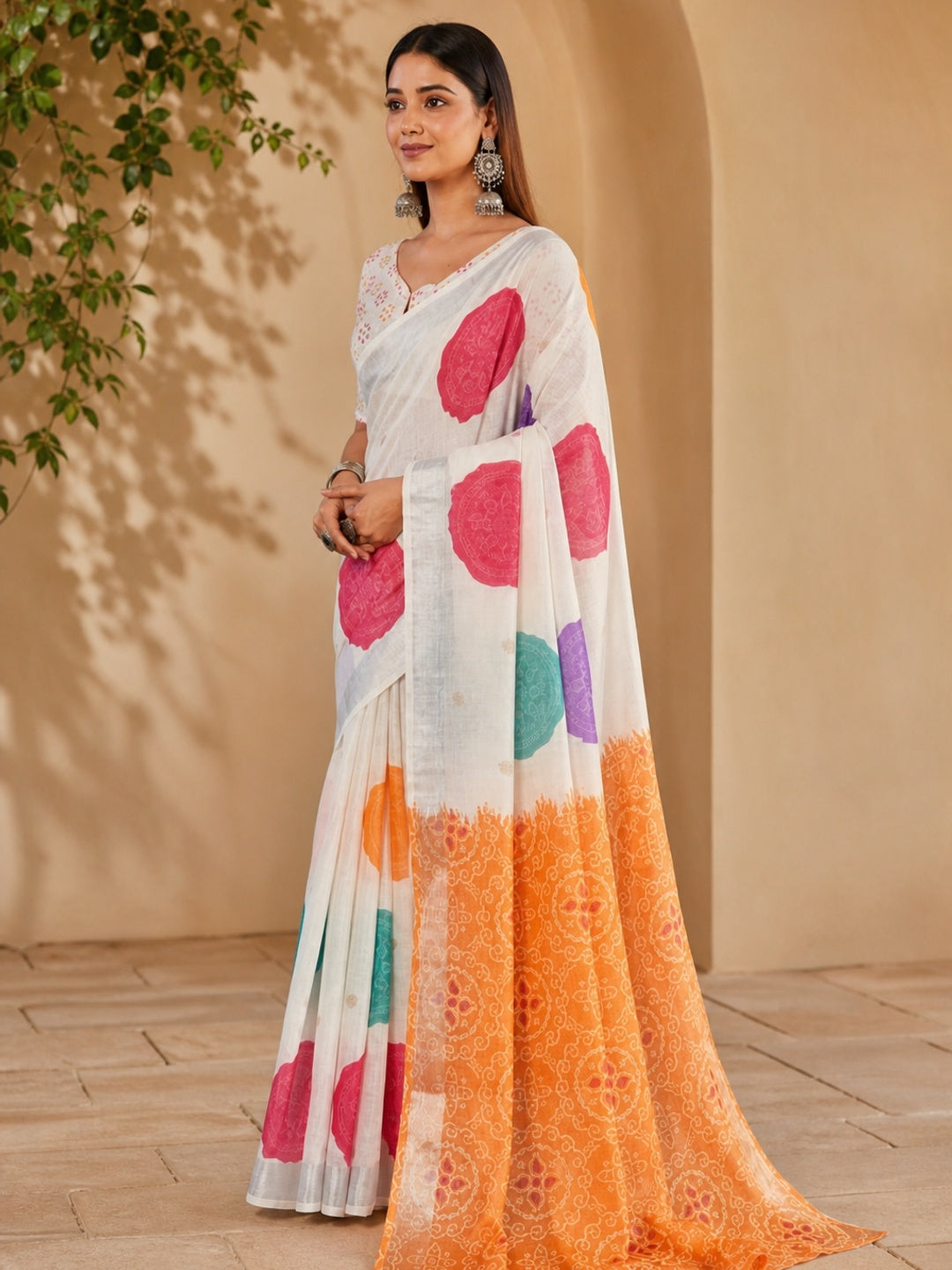 Peachmode Multicolor Linen Abstract Printed Saree - Image 5