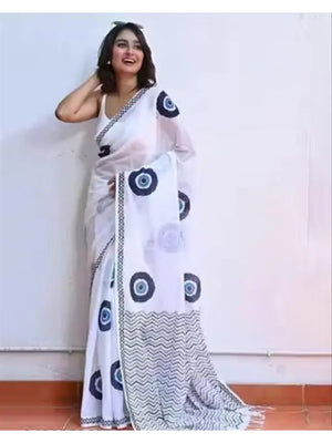Peachmode White Linen Navy Circle Printed Saree - Image 1