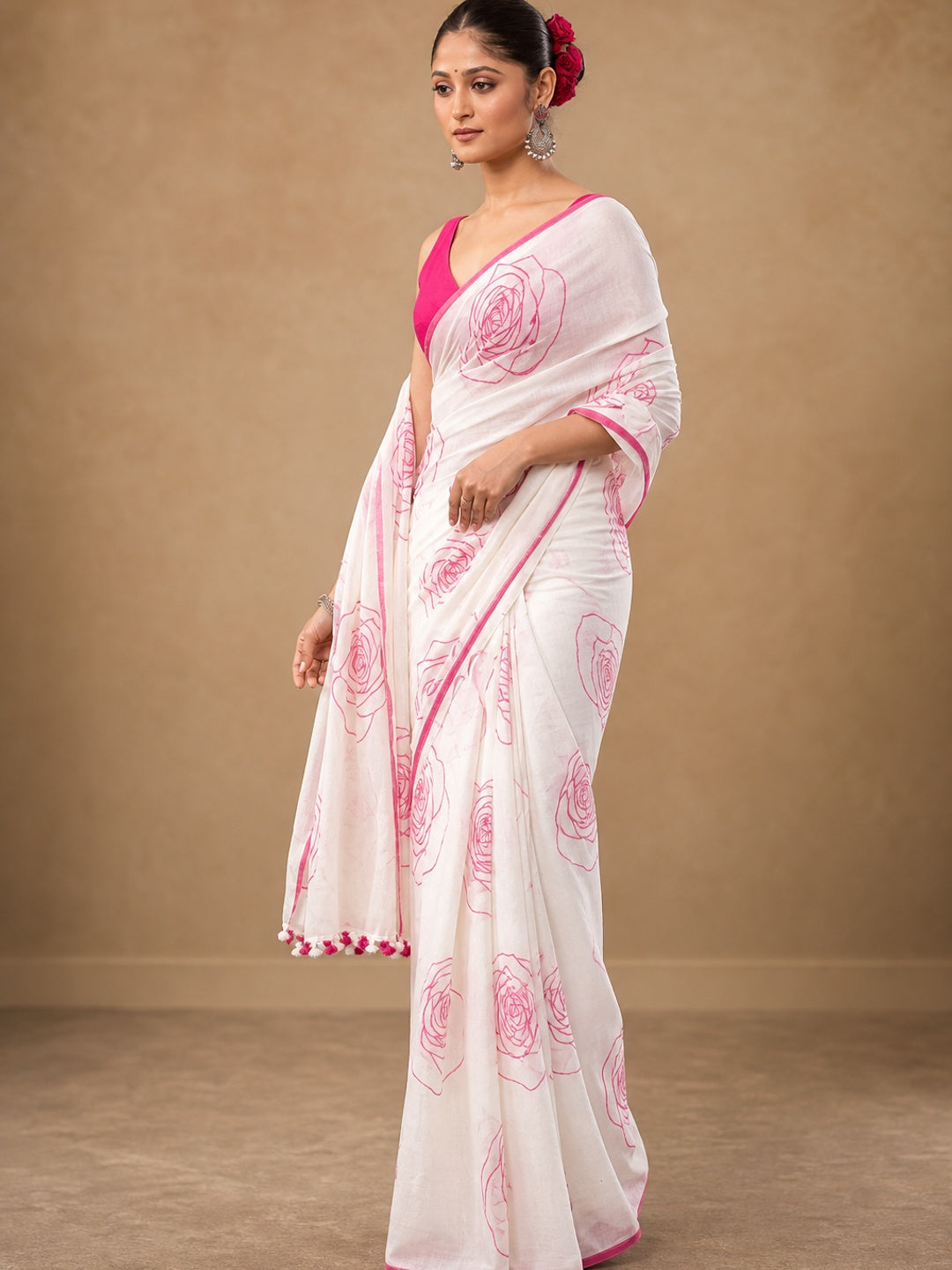 Peachmode White Linen Pink Botanical Printed Saree - Image 5