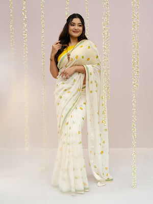 Peachmode Off White Linen Yellow Floral Printed Saree - Image 1