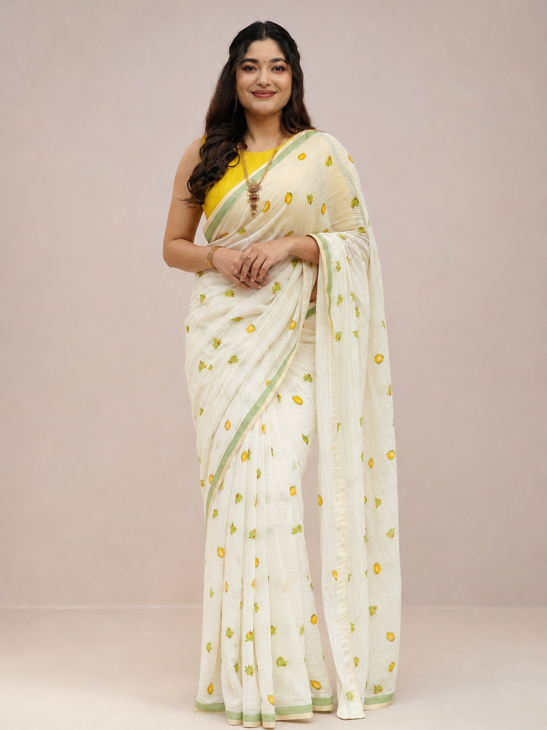 Peachmode Off White Linen Yellow Floral Printed Saree - Image 2