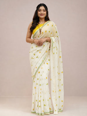 Peachmode Off White Linen Yellow Floral Printed Saree - Image 2