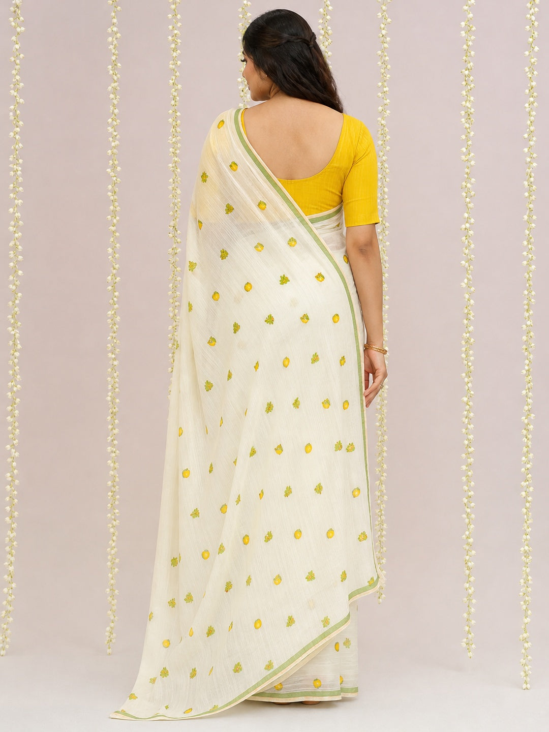 Peachmode Off White Linen Yellow Floral Printed Saree - Image 3