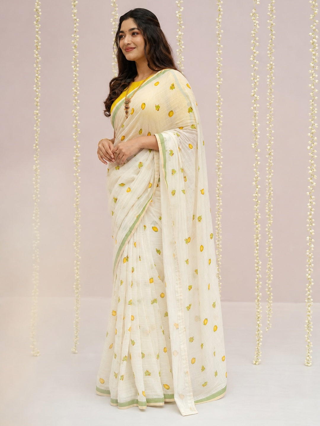 Peachmode Off White Linen Yellow Floral Printed Saree - Image 4