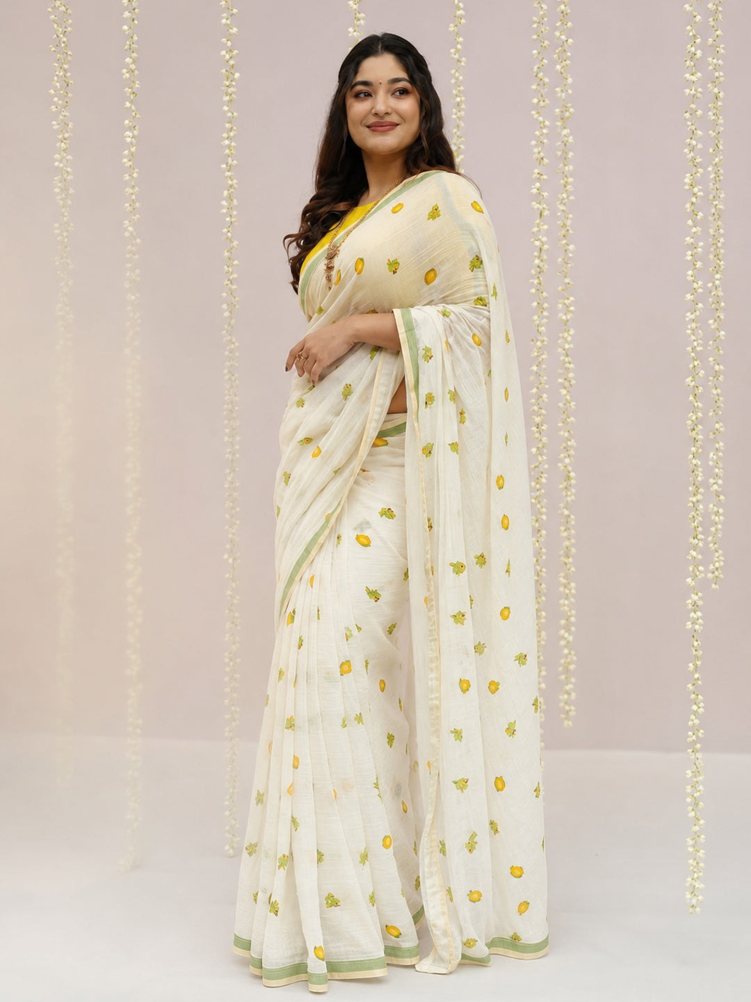 Peachmode Off White Linen Yellow Floral Printed Saree - Image 5