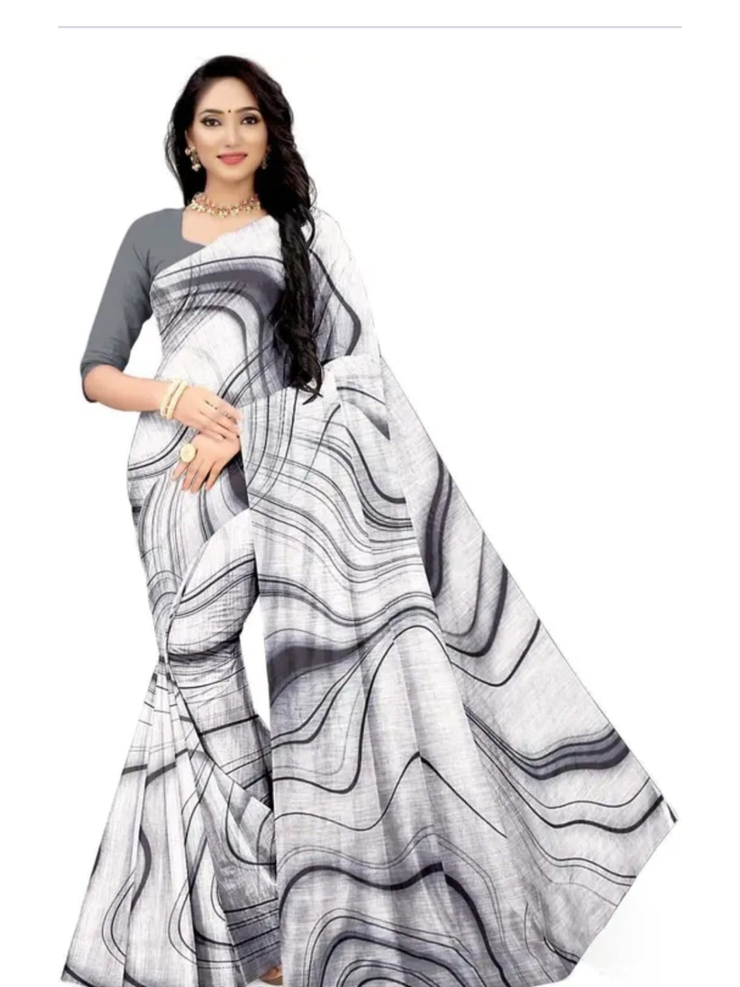 Peachmode White Linen Black Swirl Printed Saree - Image 2