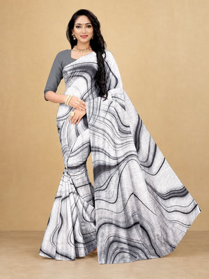 Peachmode White Linen Black Swirl Printed Saree - Image 1