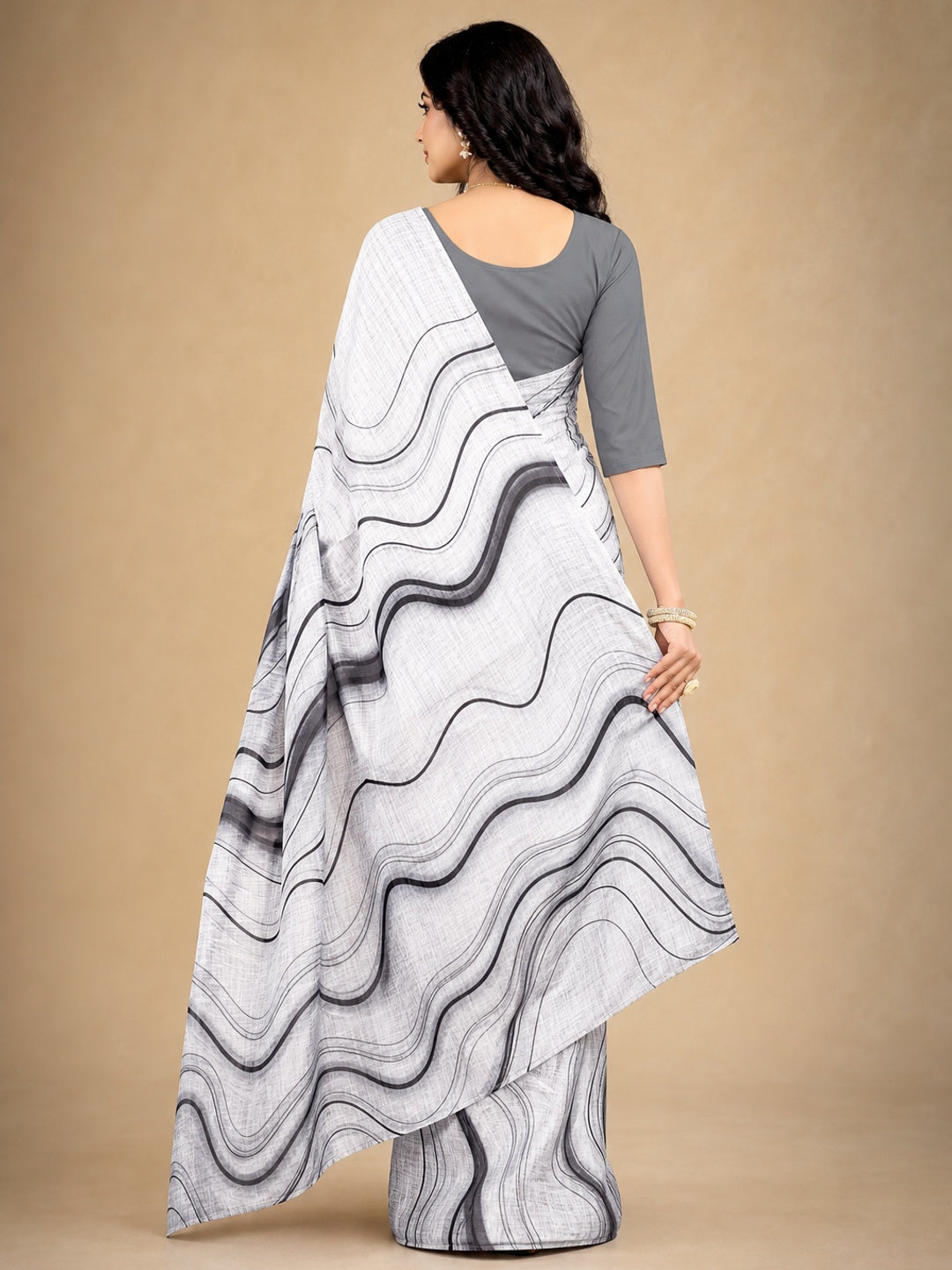 Peachmode White Linen Black Swirl Printed Saree - Image 3