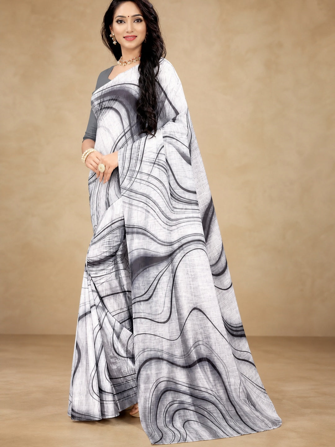 Peachmode White Linen Black Swirl Printed Saree - Image 4
