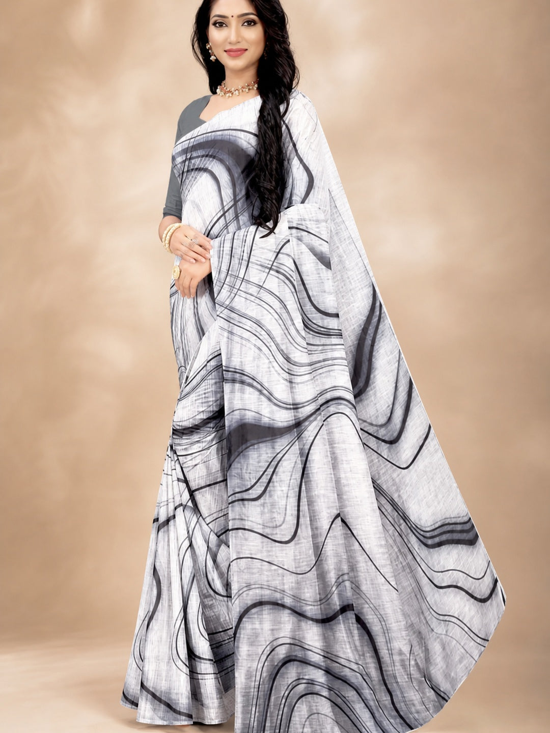 Peachmode White Linen Black Swirl Printed Saree - Image 5
