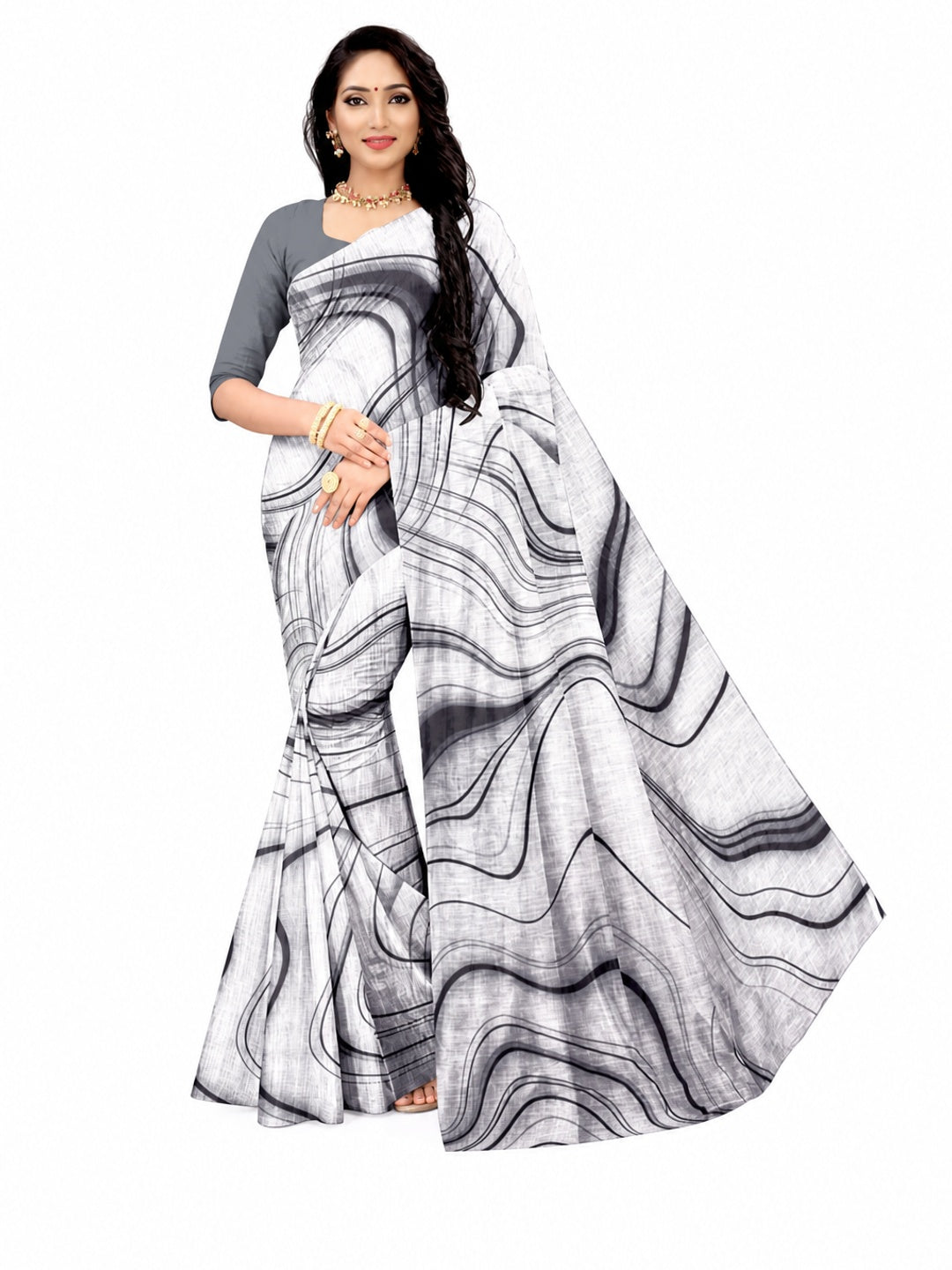 Peachmode White Linen Black Swirl Printed Saree - Image 6