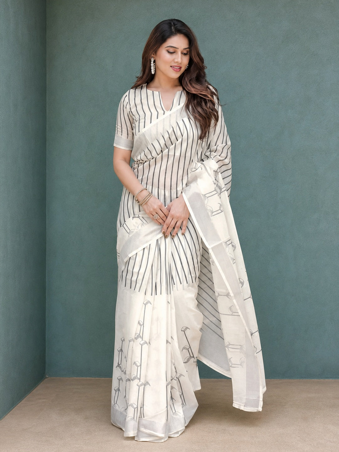Peachmode White Linen Black Striped Printed Saree - Image 2